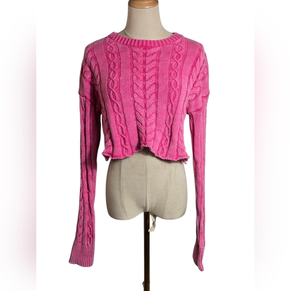 Altar'd State Anthropologie Washed Red Pink Cable Knit Crop Sweater